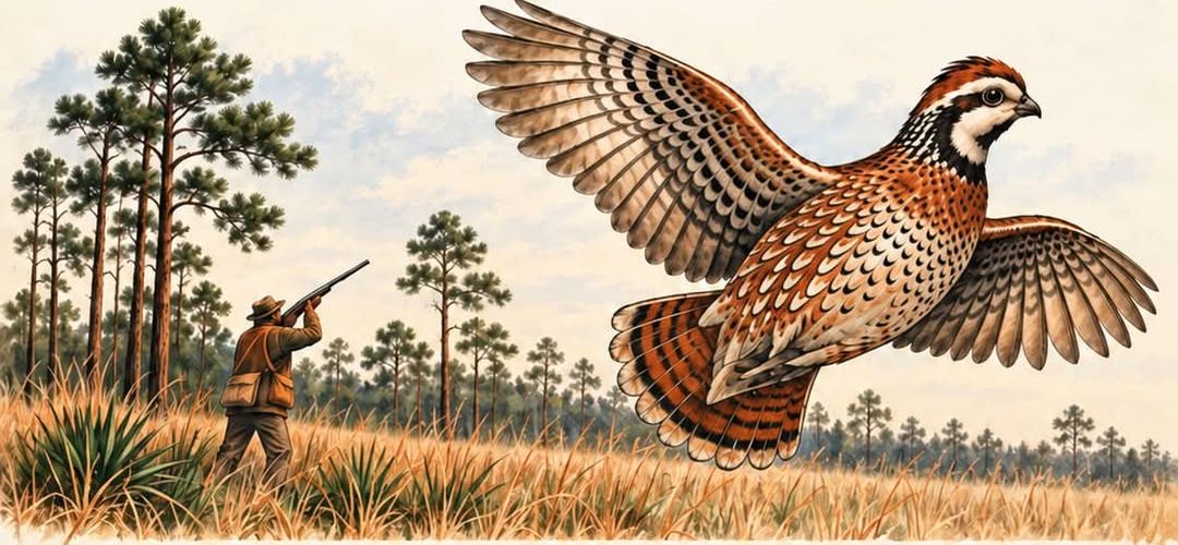 Painting of a bobwhite quail flushing over longleaf pines and wiregrass